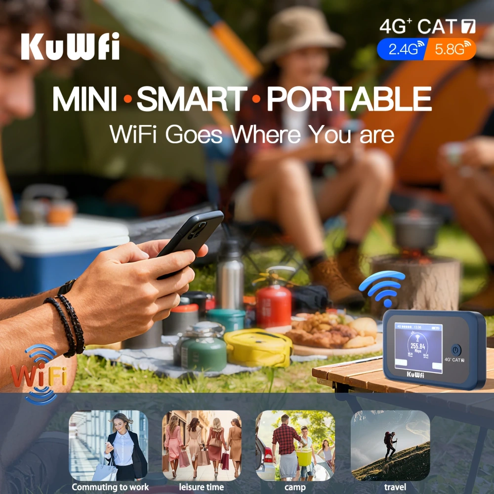 KuWFi CAT7 4G+ Mobile Router AC1200 2.4G 5G Single Band WiFi Portable Travel 4G Modem 3000mAh Battery Mirco SIM Slot 10 Users