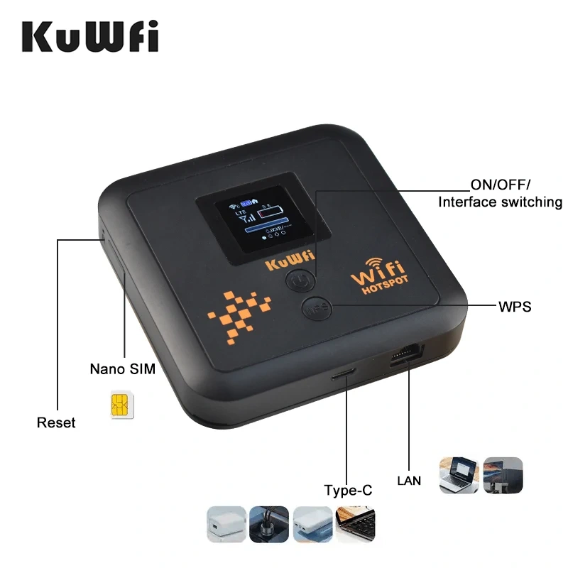 KuWFi 5400mAh CAT12 4G+ Mobile Router AC1200 2.4G 5.8G Dual Band Pocket Wifi Router Support eSim Nano SIM Slot Gigabit LAN Port