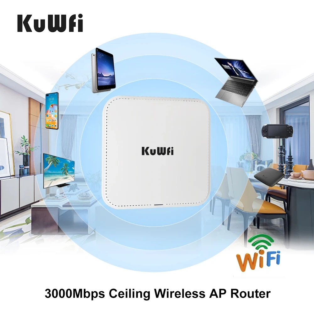 KKuWfi AX3000 Ceiling Wireless AP Router 2.4G 5G Dual Band Wifi 6 Gigabit Ethernet Port WiFi Access Point 48V POE 64 Users