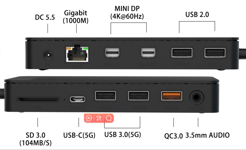 Awsome Docking Station(12-in-1) HDMI Mini DP 4K, 5 Gbps USB-C,Audio, SD 3.0 RJ45 1000M, 3.5mm Jack