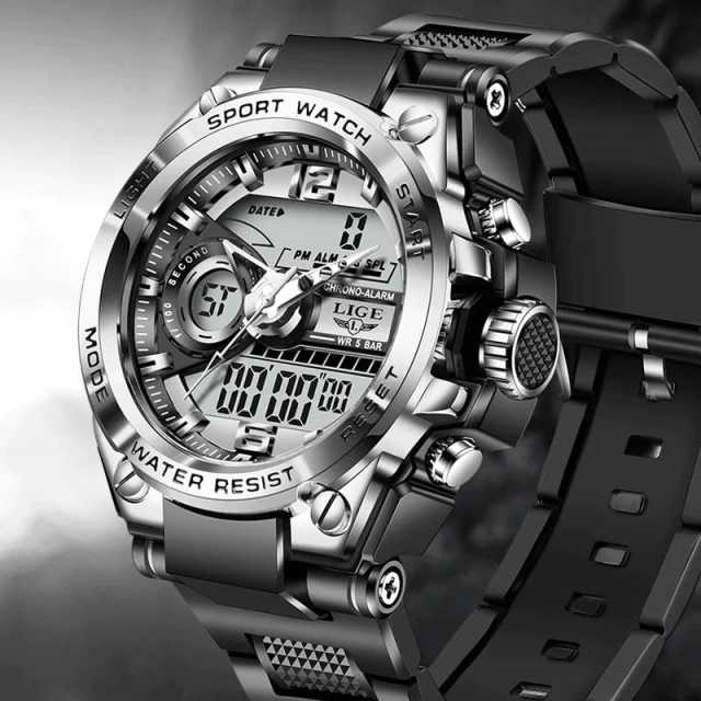 LIGE Sport Men Quartz Digital Watch Creative Diving Watches Men Waterproof Alarm Watch Dual Display Clock