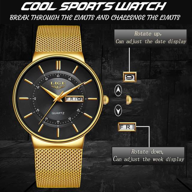 2023 LIGE New Mens Watches Top Brand Luxury Ultra Thin Quartz Watch Men Steel Mesh Strap Waterproof Gold Watch