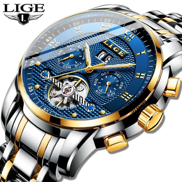 LIGE Mens Watches Top Brand Luxury Automatic Mechanical Watch Men Full Steel Sport Watches
