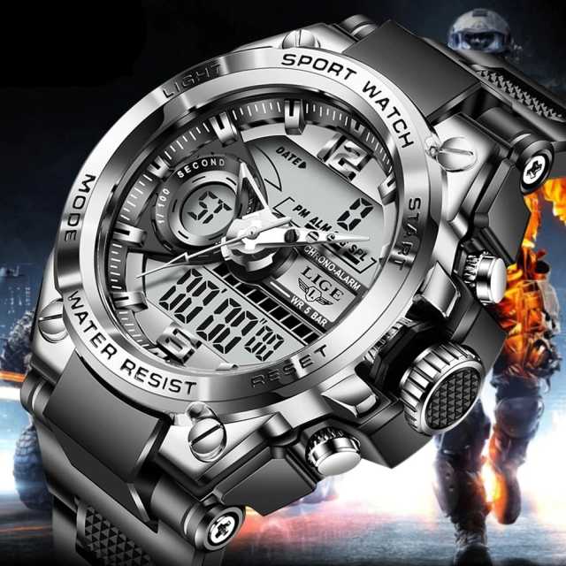 LIGE Sport Men Quartz Digital Watch Creative Diving Watches Men Waterproof Alarm Watch Dual Display Clock