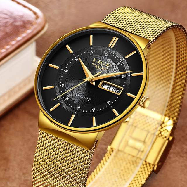 2023 LIGE New Mens Watches Top Brand Luxury Ultra Thin Quartz Watch Men Steel Mesh Strap Waterproof Gold Watch