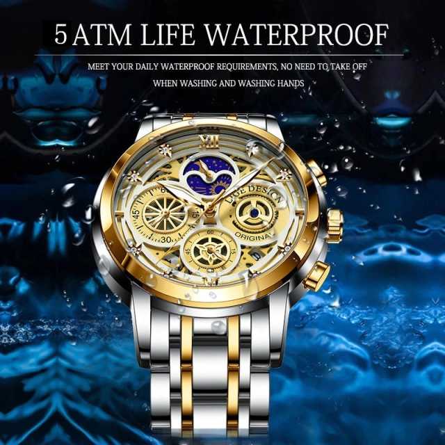 LIGE Mens Watches Stainless Steel Quartz Watch Man Brand Luxury Moon Phase Wristwatches Waterproof Men