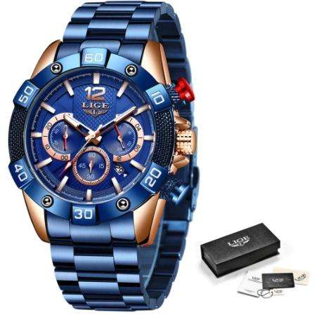 LIGE New Fashion Blue Mens Watches Top Brand Luxury Clock Sports Chronograph Waterproof Quartz Watch Men