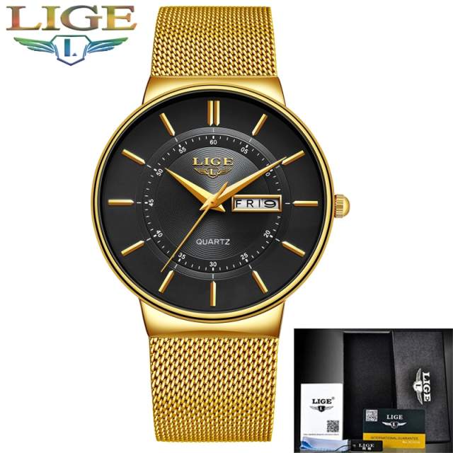 2023 LIGE New Mens Watches Top Brand Luxury Ultra Thin Quartz Watch Men Steel Mesh Strap Waterproof Gold Watch