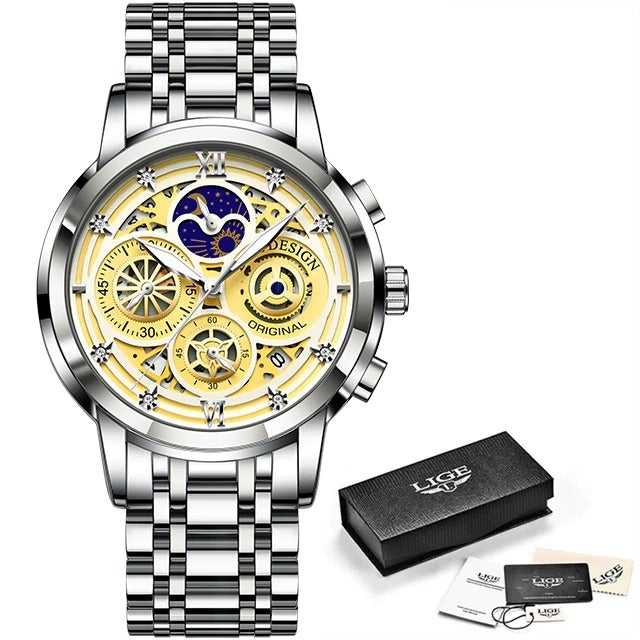 LIGE Mens Watches Stainless Steel Quartz Watch Man Brand Luxury Moon Phase Wristwatches Waterproof Men