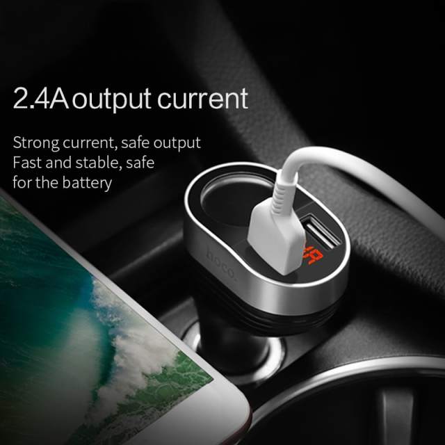 Hoco 5V3.1A 96W Dual USB Car Charger With one Car Lighter Slot digital Display