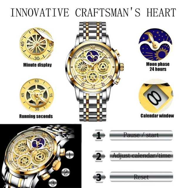 LIGE Mens Watches Stainless Steel Quartz Watch Man Brand Luxury Moon Phase Wristwatches Waterproof Men