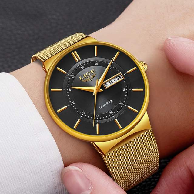 2023 LIGE New Mens Watches Top Brand Luxury Ultra Thin Quartz Watch Men Steel Mesh Strap Waterproof Gold Watch