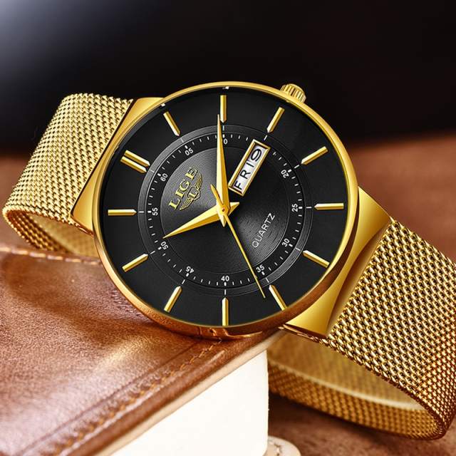 2023 LIGE New Mens Watches Top Brand Luxury Ultra Thin Quartz Watch Men Steel Mesh Strap Waterproof Gold Watch