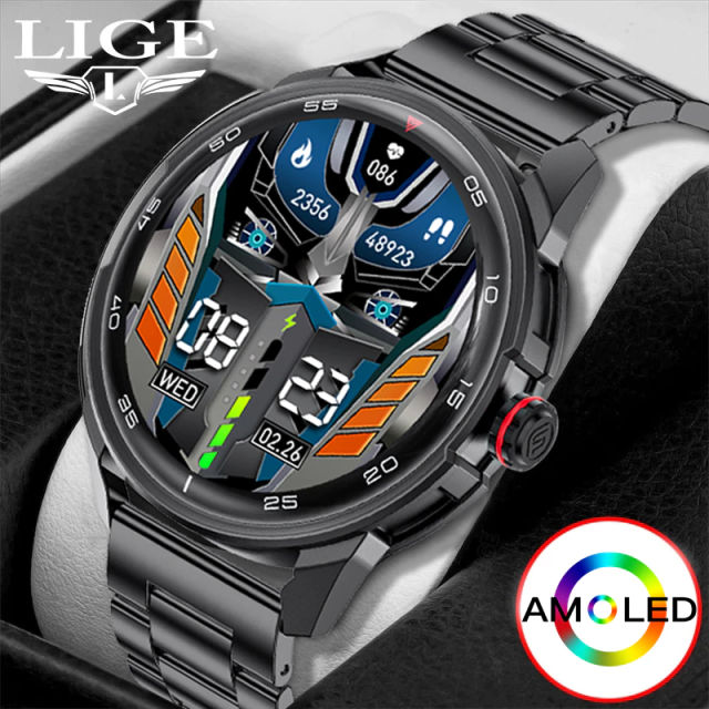 LIGE New Smart Watch Men AMOLED 360*360 HD Screen Always Display Time Fitness Bracelet Waterproof Stainless Steel Smartwatch Men