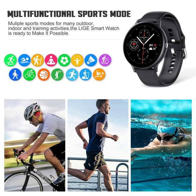 LIGE Bluetooth  Smart Watch Men Full Touch Fitness Tracker IP67 Waterproof Heartrate Monitor