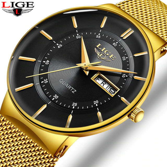 2023 LIGE New Mens Watches Top Brand Luxury Ultra Thin Quartz Watch Men Steel Mesh Strap Waterproof Gold Watch