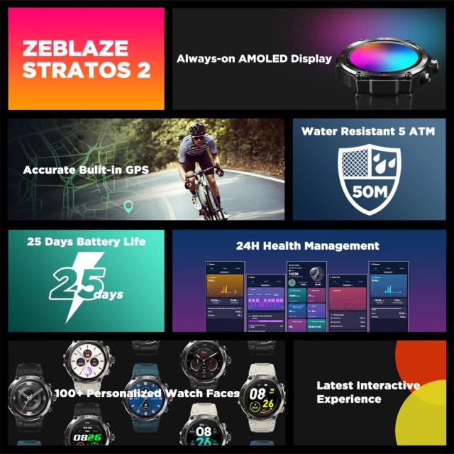 Zeblaze Stratos 2 GPS Smart Watch AMOLED Display 24h Health Monitor Waterproof GPS Watch