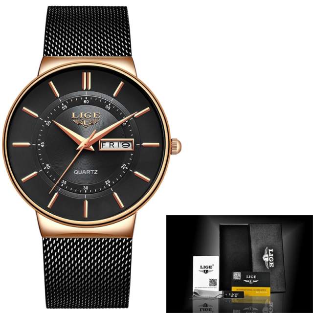 2023 LIGE New Mens Watches Top Brand Luxury Ultra Thin Quartz Watch Men Steel Mesh Strap Waterproof Gold Watch