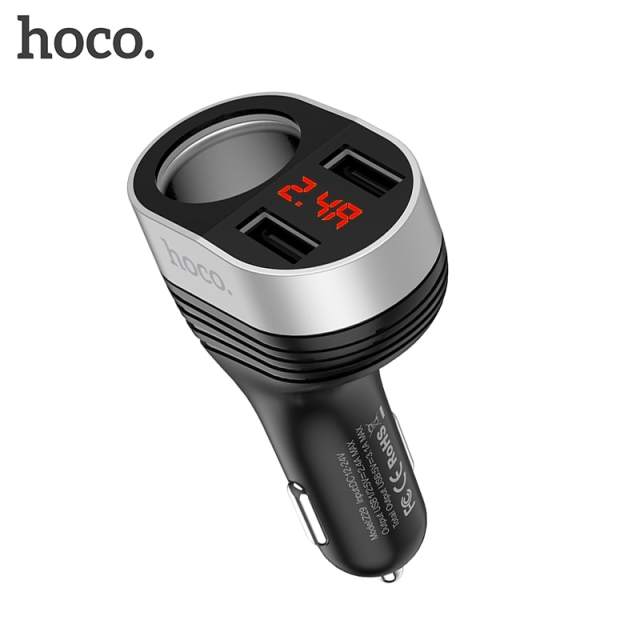 Hoco 5V3.1A 96W Dual USB Car Charger With one Car Lighter Slot digital Display