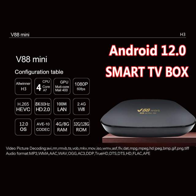 New V88 Mini Smart TV Box Android 12 Allwinner H3 Quad Core 2.4G WIFI 8K Set Top Box Media Player