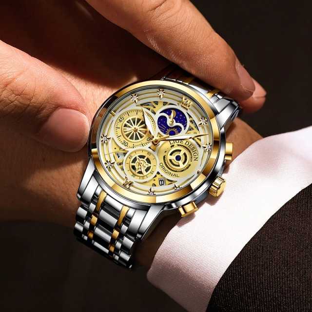 LIGE Mens Watches Stainless Steel Quartz Watch Man Brand Luxury Moon Phase Wristwatches Waterproof Men