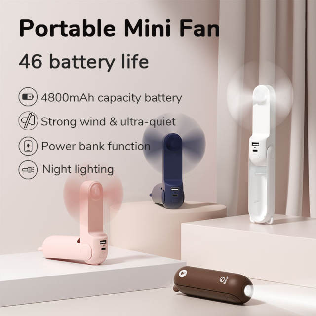 JISULIFE Portable Fan Mini Handheld Fan USB 4800mAh Recharge Hand Held Small Pocket Fan with Power Bank Flashlight Feature