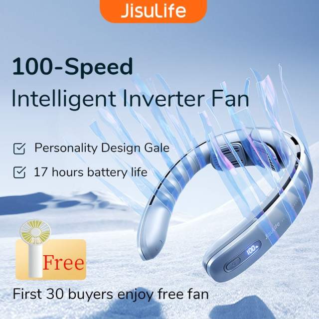 JISULIFE Portable Neck Fan 100 Speed Wind 5000mah Battery 17 Hour Work Time Mini Electric Neck Fan Usb Rechargeable Neckband Fan