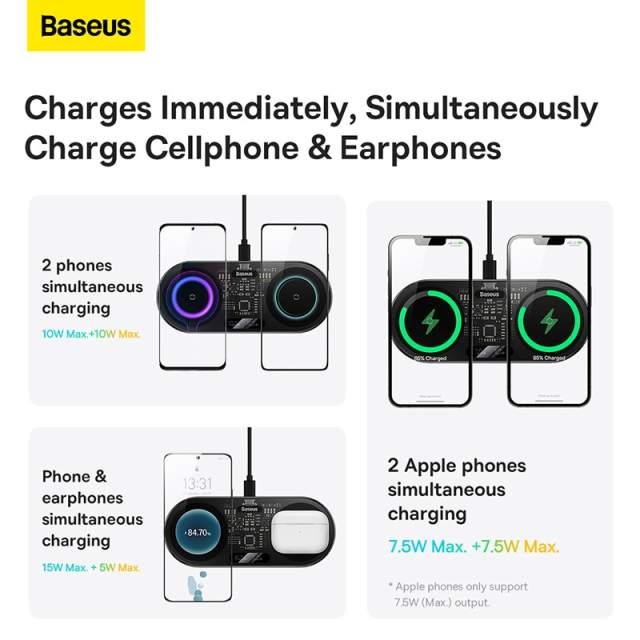 Baseus 20W Dual Qi Wireless Charger Pad For iPhone 14 13 12 Pro Max 11 8 Airpods 3 Xiaomi 2 in 1 Induction Wireless Fast Charger