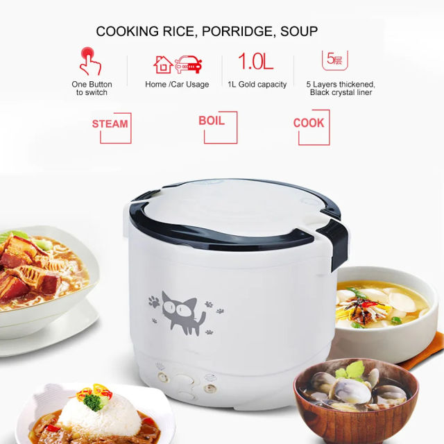 Car Mini Rice Cooker 12v 24V 220V Car Home Dual Use Self-driving Soup Porridge Portable Rice Cooker
