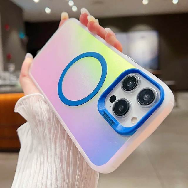 Colorful Laser Case For iPhone 15 Pro 14 13 12 Pro Max 11 Plus For Magsafe Wireless Charging Soft Edge Acrylic Hard Phone Cover