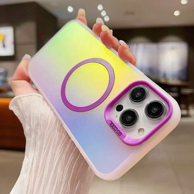 Colorful Laser Case For iPhone 15 Pro 14 13 12 Pro Max 11 Plus For Magsafe Wireless Charging Soft Edge Acrylic Hard Phone Cover