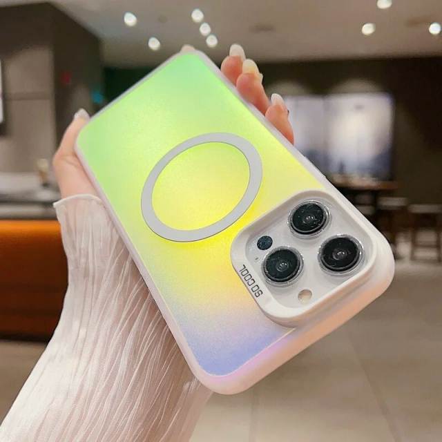 Colorful Laser Case For iPhone 15 Pro 14 13 12 Pro Max 11 Plus For Magsafe Wireless Charging Soft Edge Acrylic Hard Phone Cover