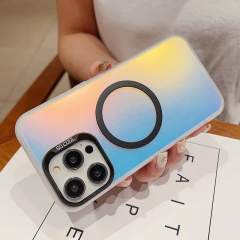 Colorful Laser Case For iPhone 15 Pro 14 13 12 Pro Max 11 Plus For Magsafe Wireless Charging Soft Edge Acrylic Hard Phone Cover