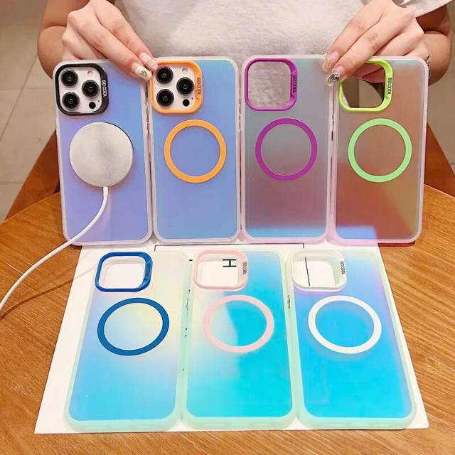 Colorful Laser Case For iPhone 15 Pro 14 13 12 Pro Max 11 Plus For Magsafe Wireless Charging Soft Edge Acrylic Hard Phone Cover