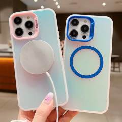 Colorful Laser Case For iPhone 15 Pro 14 13 12 Pro Max 11 Plus For Magsafe Wireless Charging Soft Edge Acrylic Hard Phone Cover