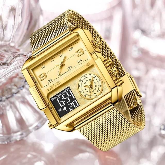 NEW LIGE Gold Watch Women Top Brand Luxury Creative Square Watches Ladies Fashion Dual Display Watch