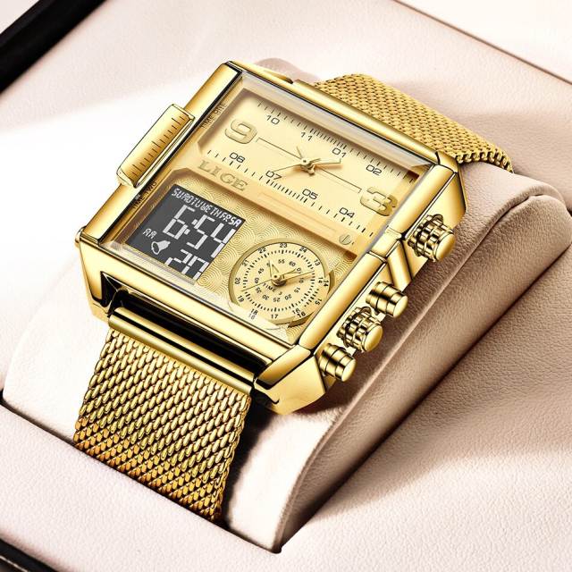 NEW LIGE Gold Watch Women Top Brand Luxury Creative Square Watches Ladies Fashion Dual Display Watch