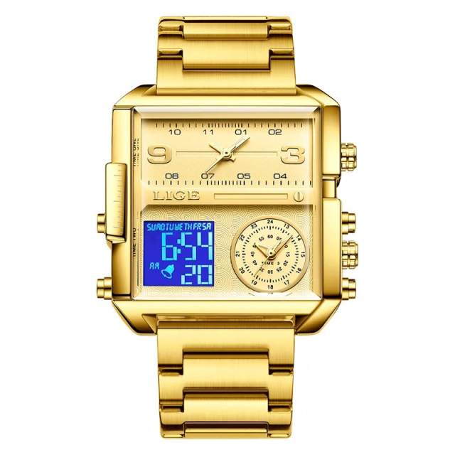 NEW LIGE Gold Watch Women Top Brand Luxury Creative Square Watches Ladies Fashion Dual Display Watch