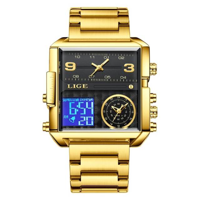 NEW LIGE Gold Watch Women Top Brand Luxury Creative Square Watches Ladies Fashion Dual Display Watch