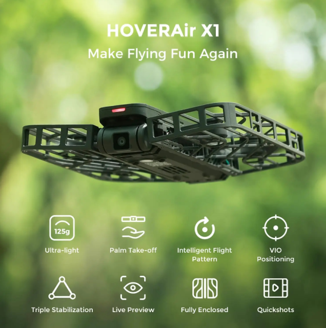 HOVER Air X1 Self Flying Camera Pocket Sized Drone HDR Video Capture Palm Takeoff Intelligent Flight Paths Follow Me Mode