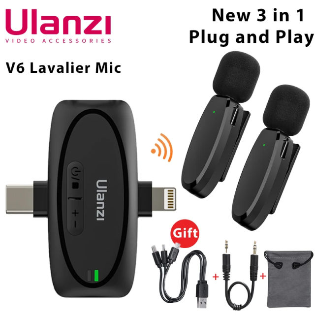 NEW Ulanzi V6 Lavalier Microphone Wireless 3 in 1 for iPhone 15 14 13 Android Type C Lightning Camera Portable Audio Record Mini Mic