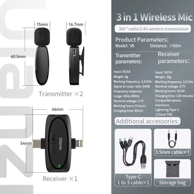 NEW Ulanzi V6 Lavalier Microphone Wireless 3 in 1 for iPhone 15 14 13 Android Type C Lightning Camera Portable Audio Record Mini Mic