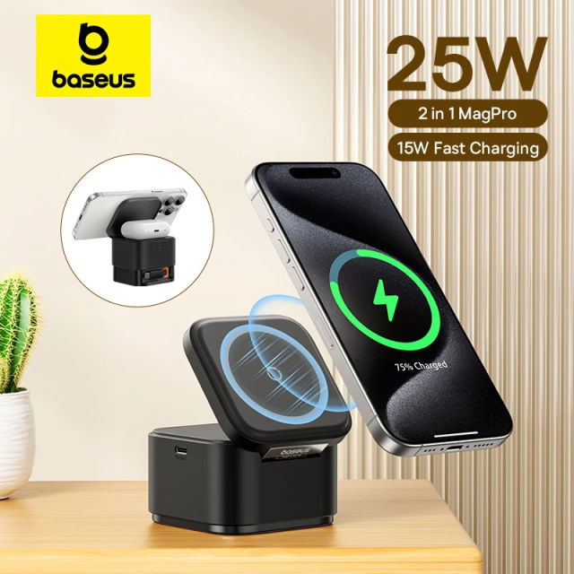 NEW Baseus 25W 2 in 1 Magnetic Wireless Charger Stand 15W Fast Charging Dock Station With Retractable Cable For iPhone15 14 Airpod