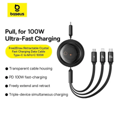NEW Baseus Retractable 100W USB C Cable Fast Charging Portable 3 in 1 USB Type C Charger Cable