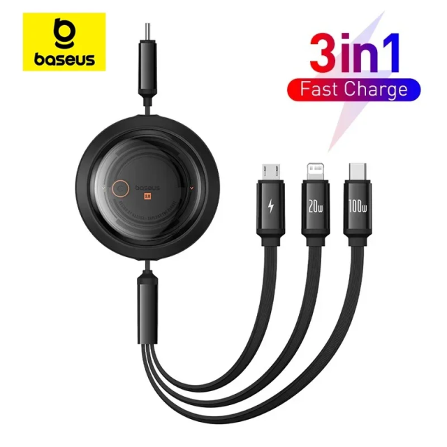 NEW Baseus Retractable 100W USB C Cable Fast Charging Portable 3 in 1 USB Type C Charger Cable