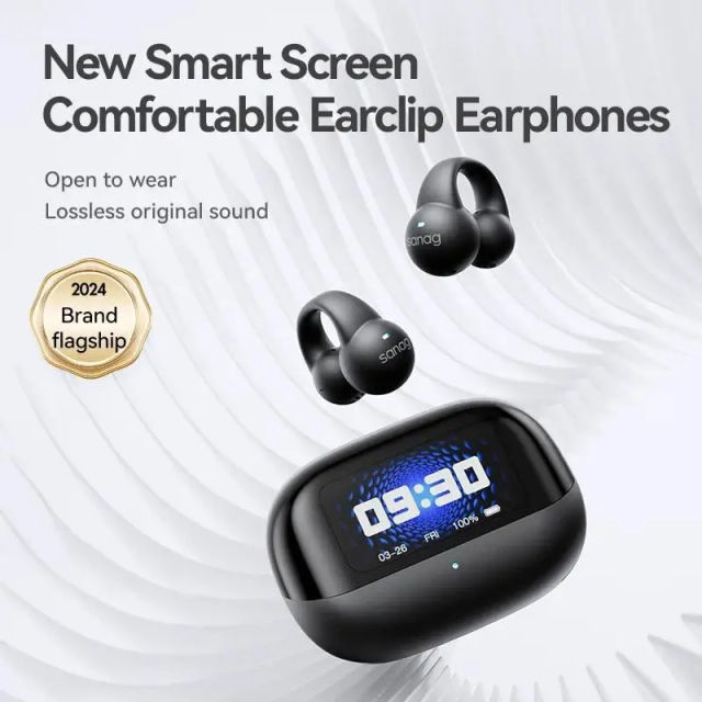 New Sanag S2 Pro AI Smart Screen Bluetooth Earphone Ear Clip Headset Wireless Open Ear TWS Sports Headphones Hifi Sound Earclip Earbuds