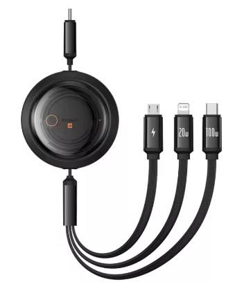 Baseus Retractable 100W 3 in 1 Fast USB Cable for Macbook iPad iPhone 16 15 Samsung