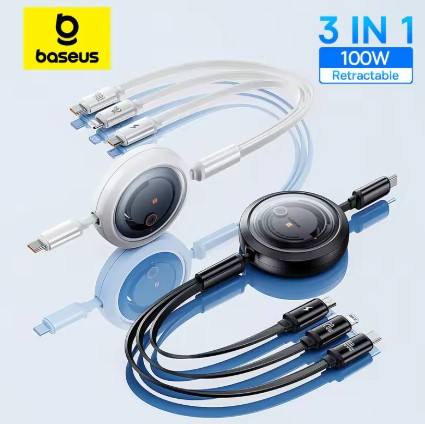 Baseus Retractable 100W 3 in 1 Fast USB Cable for Macbook iPad iPhone 16 15 Samsung