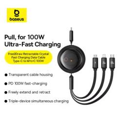 Baseus Retractable 100W 3 in 1 Fast USB Cable for Macbook iPad iPhone 16 15 Samsung