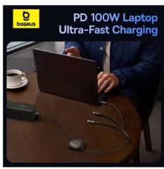 Baseus Retractable 100W 3 in 1 Fast USB Cable for Macbook iPad iPhone 16 15 Samsung